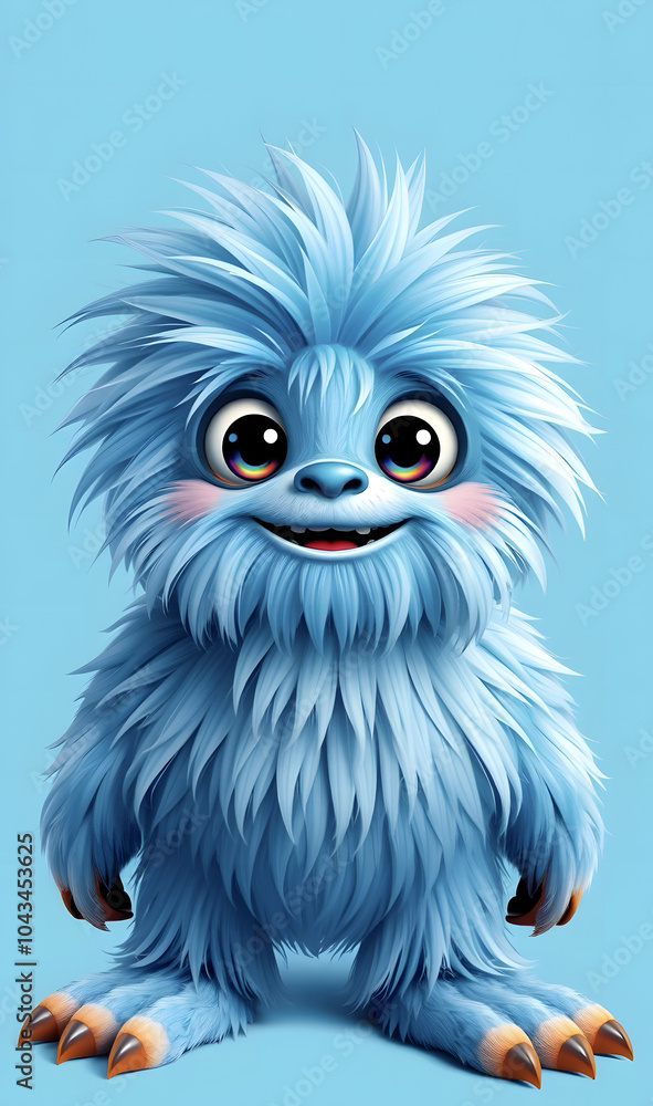 A cheerful fluffy blue monster on a bright blue background. A joyful and fluffy little weirdo. A charming yeti. A Halloween character. A cheerful fluffy blue monster on a bright blue background. A joyful and fluffy little weirdo. A charming yeti. A Halloween character.