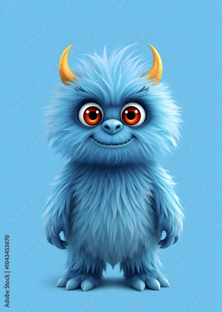 A cheerful fluffy blue monster on a bright blue background. A joyful and fluffy little weirdo. A charming yeti. A Halloween character. A cheerful fluffy blue monster on a bright blue background. A joyful and fluffy little weirdo. A charming yeti. A Halloween character.
