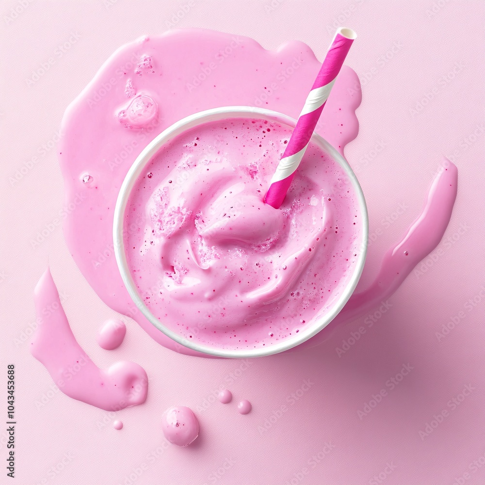 Delicious pink milkshake in a white cup with a pink and white striped straw, surrounded by splashes of milkshake on a soft pink background. Delicious pink milkshake in a white cup with a pink and white striped straw, surrounded by splashes of milkshake on a soft pink background.