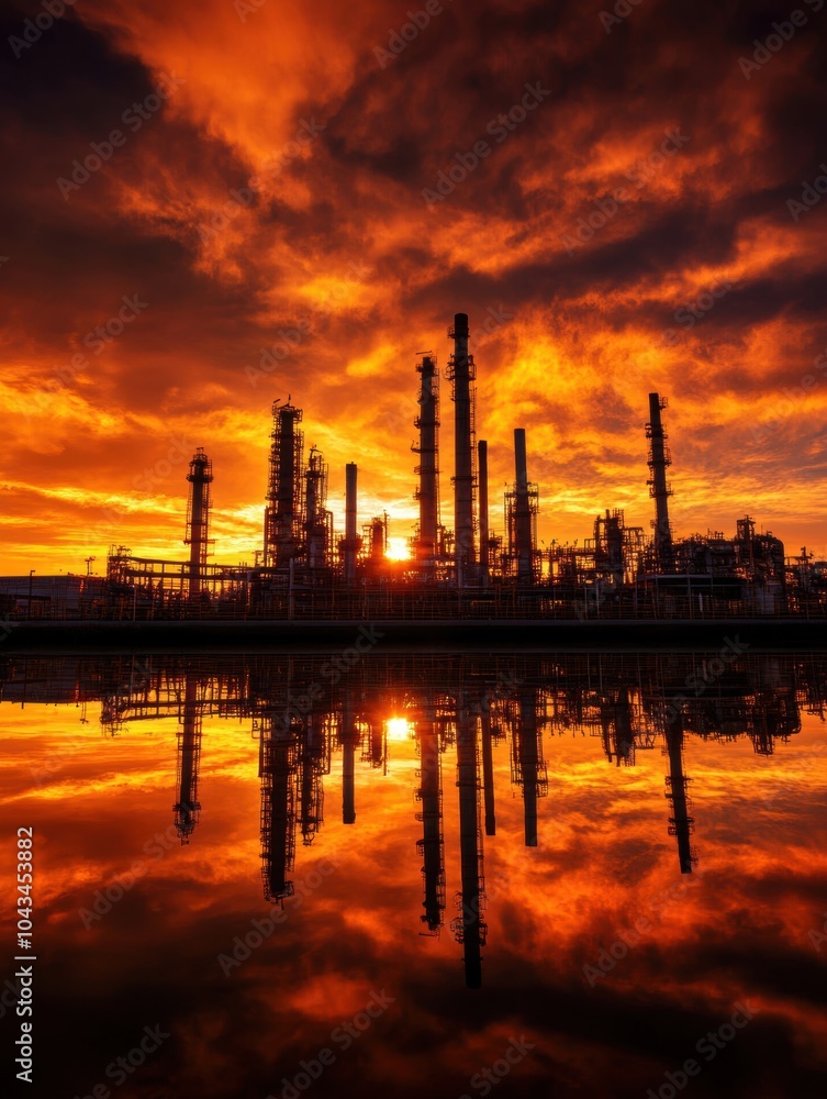 Silhouetted crude oil refinery at sunset, capturing the day's end with dramatic colors and industrial beauty. Silhouetted crude oil refinery at sunset, capturing the day's end with dramatic colors and industrial beauty.