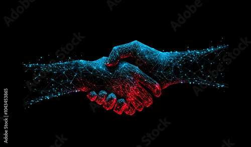 Digital handshake in low poly wire frame technology background design