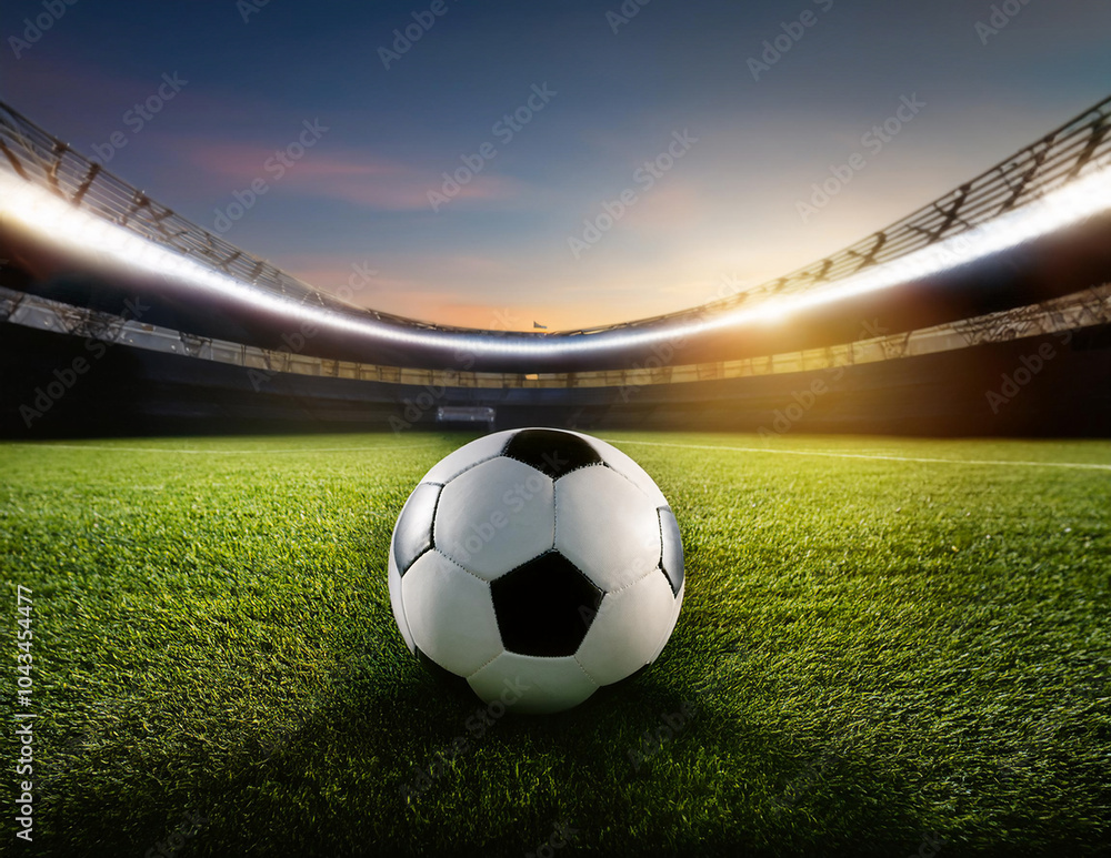 Ein Fussball im Gras in einem Stadion