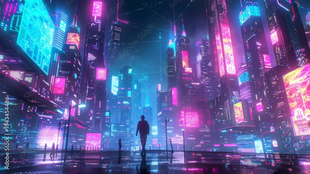Cyberpunk skyline with giant neon billboards Cyberpunk skyline with giant neon billboards