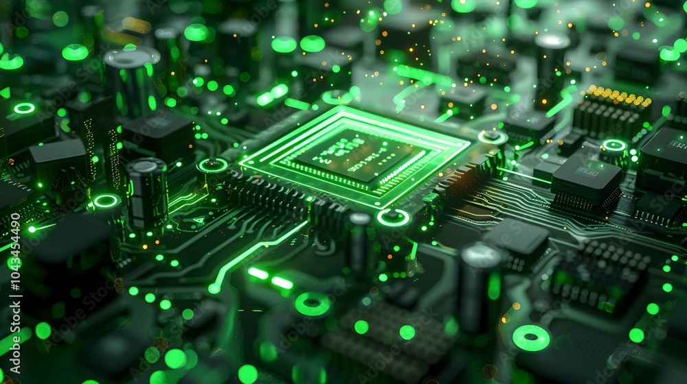 Fototapeta premium Luminous Microchip Data Analysis in Futuristic Green Neon Technology Background