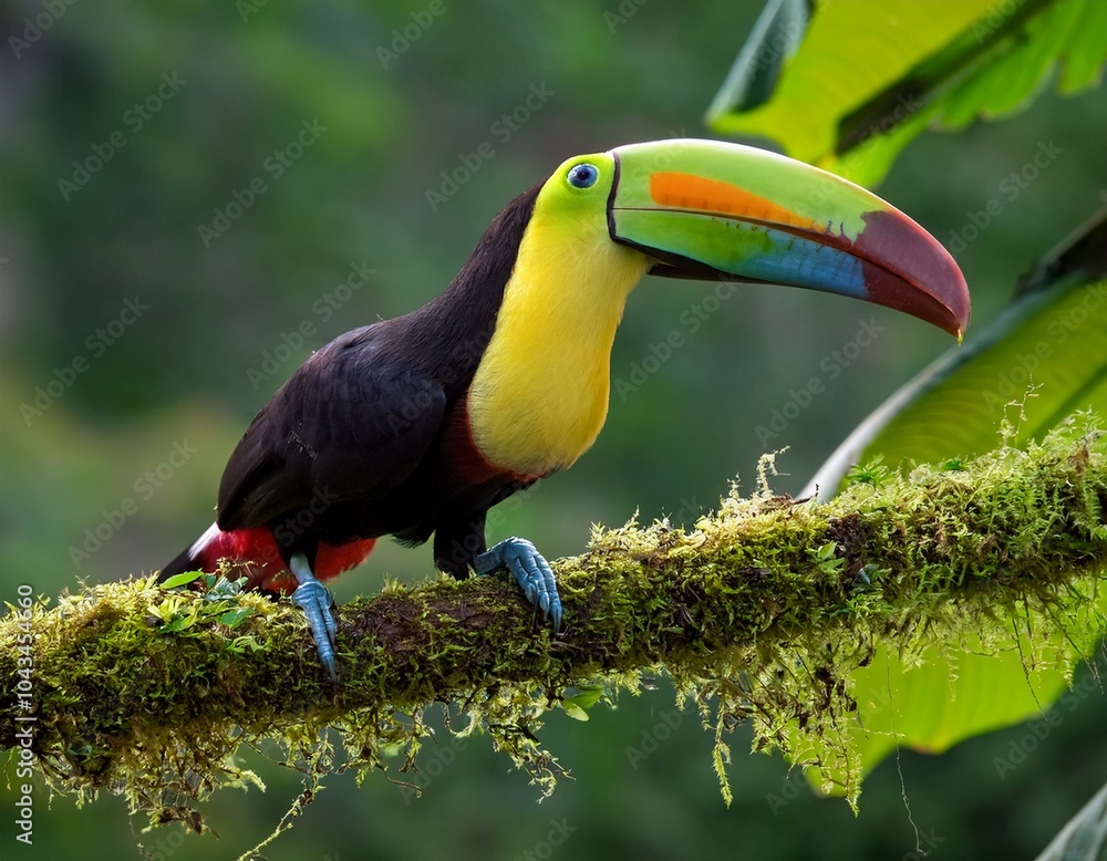 Fototapeta premium Keel-billed Toucan portrait on mossy stick against dark green background
