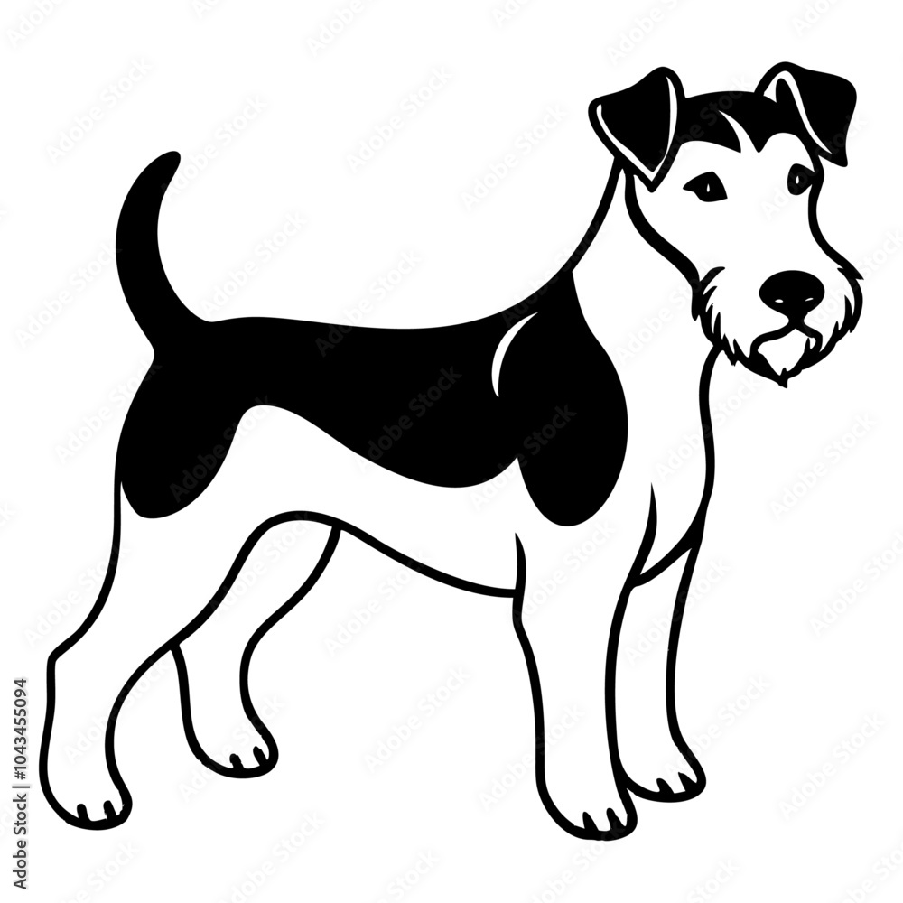 Fototapeta premium fox terrier dog full body icon. Black and white logo, dog silhouette, engraving style. Pet character. Vector illustration