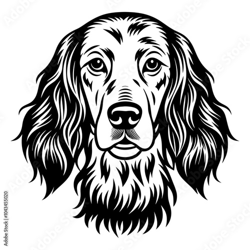 english setter dog head icon. Black and white logo, dog silhouette, engraving style. Pet character. Vector illustration