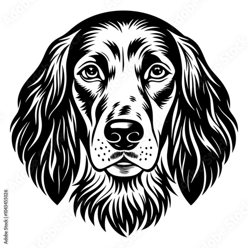 english setter dog head icon. Black and white logo, dog silhouette, engraving style. Pet character. Vector illustration