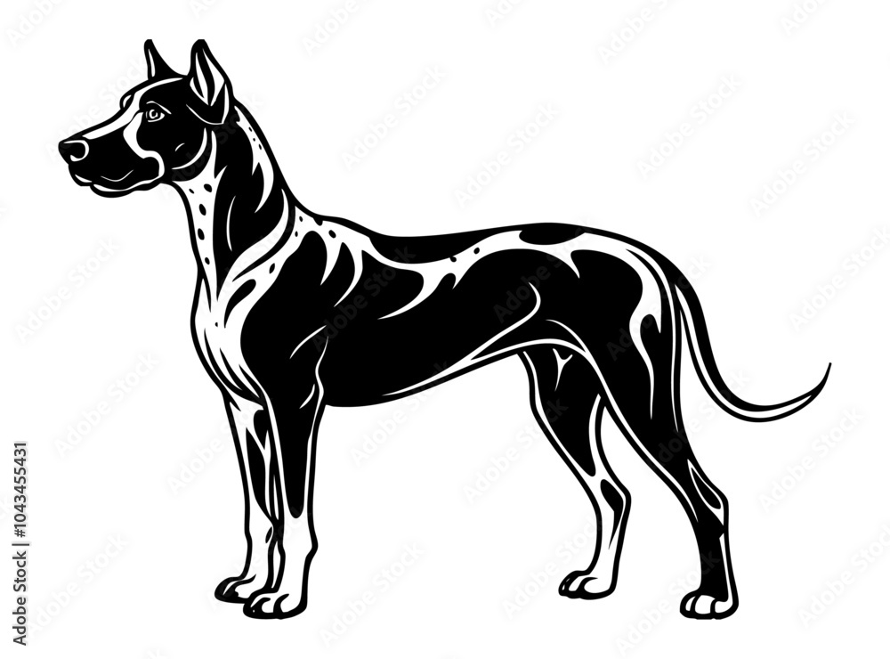 Fototapeta premium great dane dog full body icon. Black and white logo, dog silhouette, engraving style. Pet character. Vector illustration
