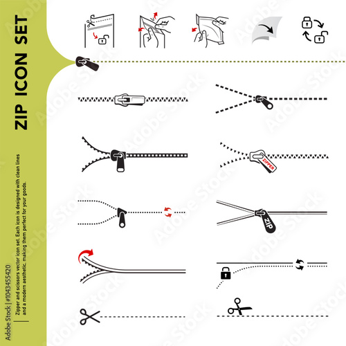 Zip and scissors vector icon set. Each icon perfect for your food bags, clothes vacuum bags, handbags, slider bags, ziplock bag. Easy shows clear instruction of opening, close. EPS10. 