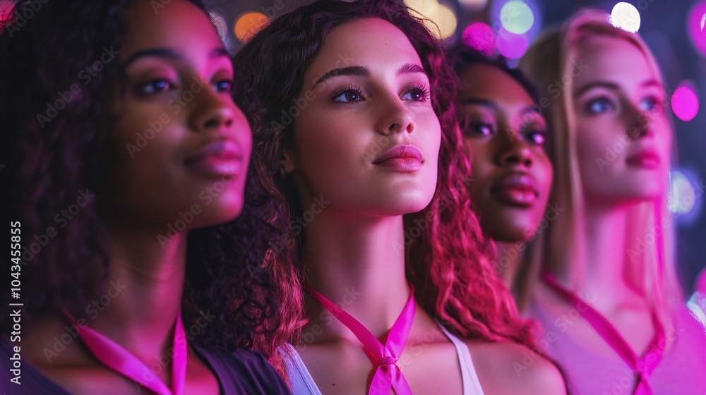 Obraz premium A group of four diverse women with different hairstyles and skin tones, wearing pink scarves, posing confidently against a colorful blurred background.