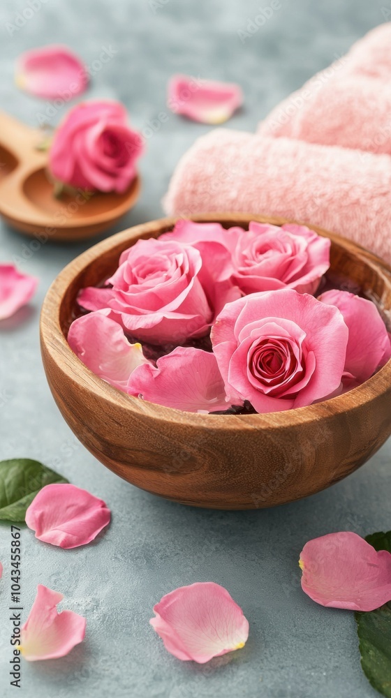 A serene arrangement of pink roses in a wooden bowl surrounded by soft petals and towels, perfect for creating a calming spa atmosphere in any space. A serene arrangement of pink roses in a wooden bowl surrounded by soft petals and towels, perfect for creating a calming spa atmosphere in any space.