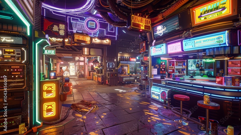 Cyberpunk street food vendor under neon lights Cyberpunk street food vendor under neon lights