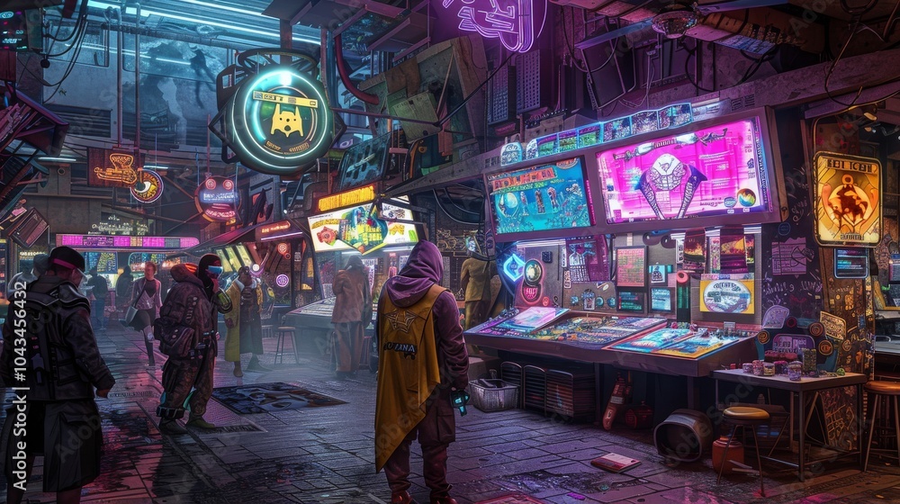 Obraz premium Cyberpunk street food vendor under neon lights