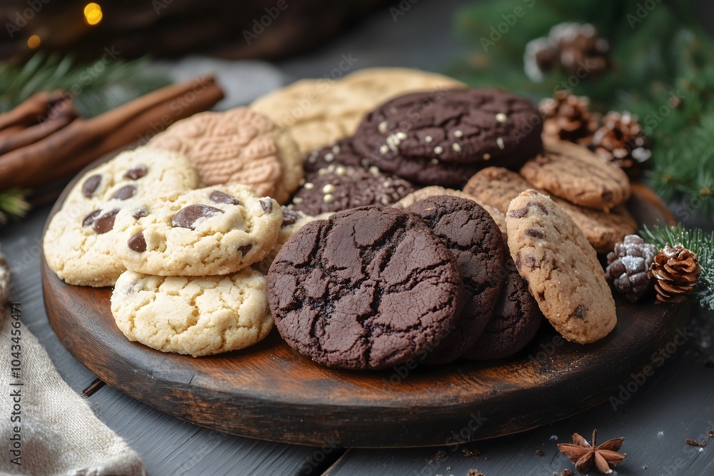 Fototapeta premium A round wooden tray with various delicious cookies