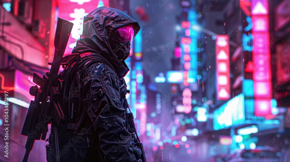 Futuristic bounty hunter in a cyberpunk alleyway Futuristic bounty hunter in a cyberpunk alleyway