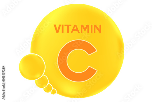 Vitamin C glowing 3D molecule element or bubble isolated, transparent background. Rich fluid orange, lemon color flowing bubbles, supplement skin products banner, presentation, infographic design