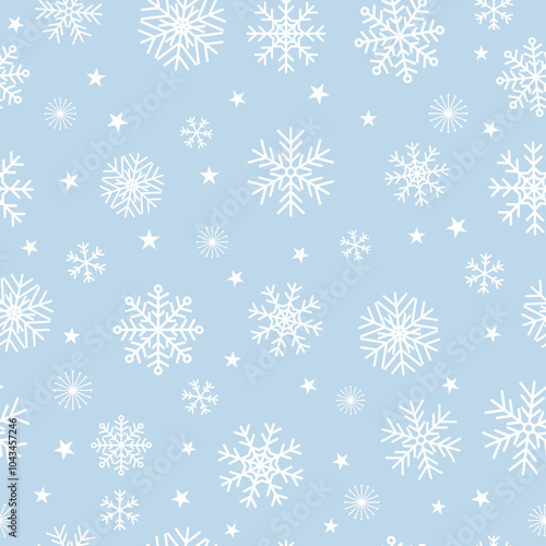 Seamless pattern featuring snowflakes and stars on a light blue background.