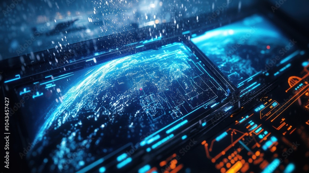 Obraz premium AI controlling climate systems, sensors monitoring weather patterns, futuristic weather control interface, climate science technology