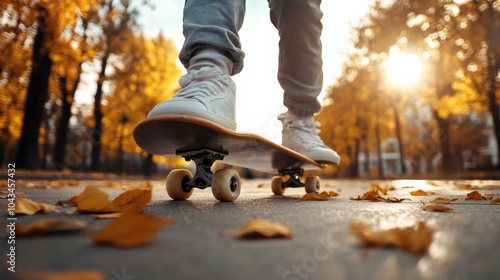 A low-angle shot of a skateboarder riding through autumn leaves on a sunny day, with golden light and colorful foliage in the background..