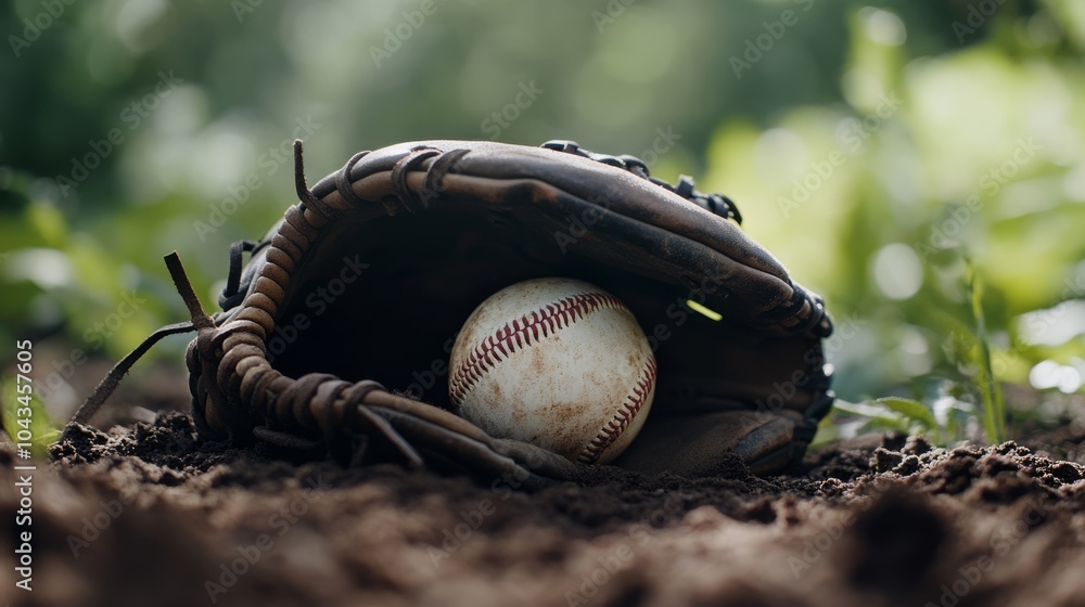 A well-worn baseball glove holding a ball, resting in dirt on a green field, evoking the spirit of baseball and outdoor sports.. A well-worn baseball glove holding a ball, resting in dirt on a green field, evoking the spirit of baseball and outdoor sports..