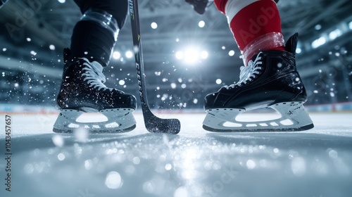 A close-up of two hockey players facing off on the ice during a high-energy game, with focus on the puck and their sticks, under bright stadium lights.. photo