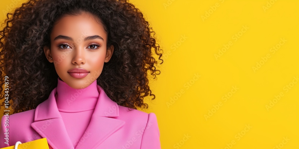 Young woman with stylish curly hair holding a shopping bag against a vibrant yellow backdrop Young woman with stylish curly hair holding a shopping bag against a vibrant yellow backdrop