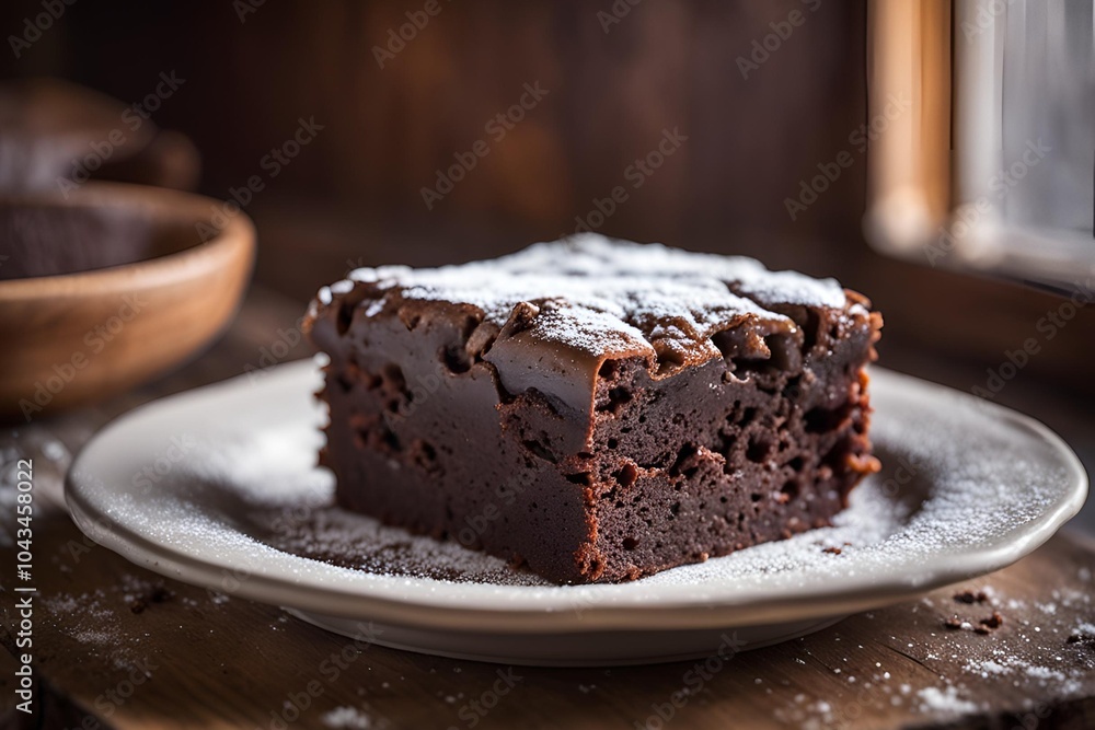Single brownie cake on a white plate Single brownie cake on a white plate