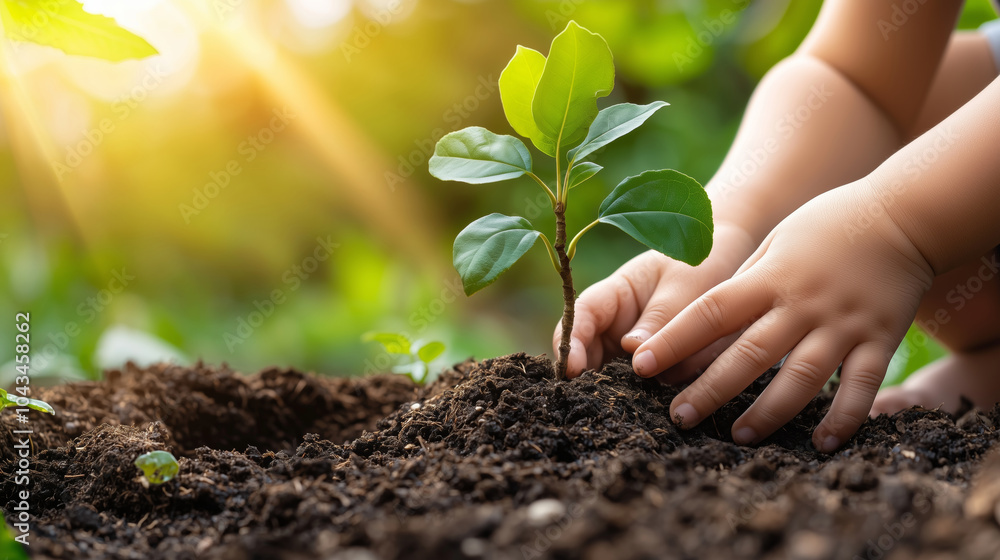 A child gently plants a young seedling in rich soil, showcasing growth and care. Sunlight filters through the foliage, highlighting the beauty of nurturing nature. A child gently plants a young seedling in rich soil, showcasing growth and care. Sunlight filters through the foliage, highlighting the beauty of nurturing nature.