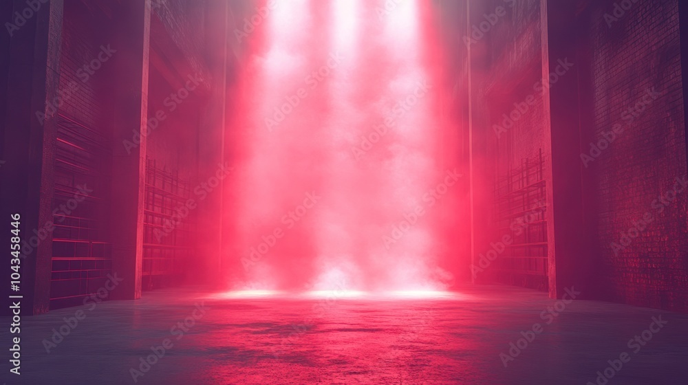 A dark and mysterious hallway with two beams of red light shining down. A dark and mysterious hallway with two beams of red light shining down.