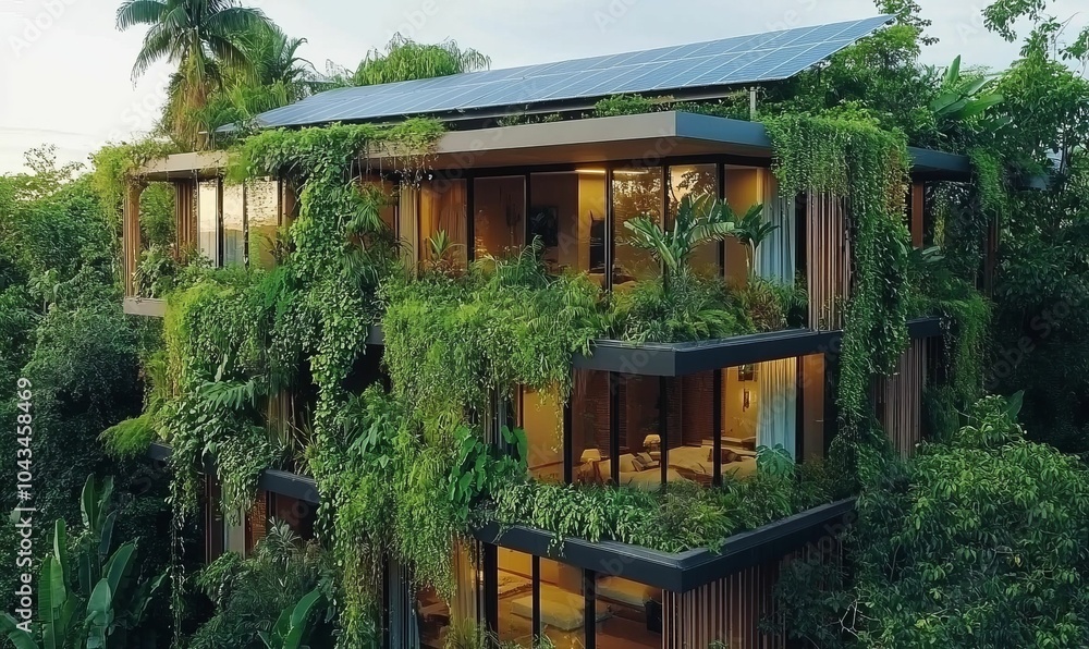 Fototapeta premium Modern house covered in lush greenery.