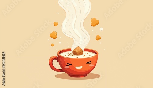 Cute cartoon style cozy cup of warm milk with nutmeg and steam