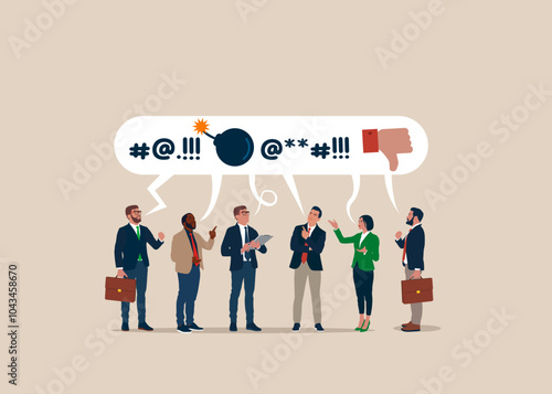 Business people swear. Negative feedback. Handle business criticism, scold or negative feedback, manage boss blame, pressure, failure or mistake ashamed concept. Flat vector illustration