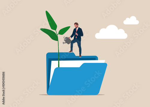 Businessman watering growth seedling on folder. Flat vector illustration. 