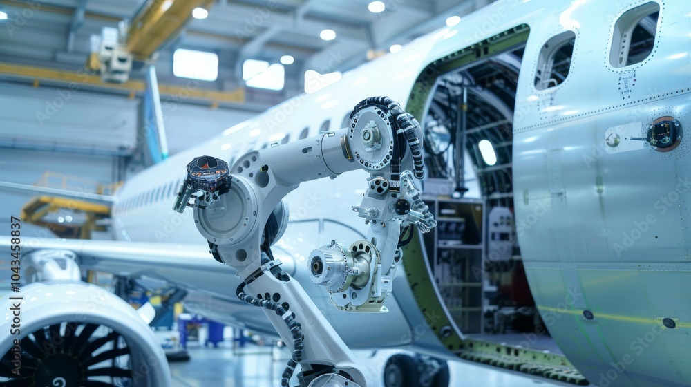 Robotic arm conducting a thorough inspection of an aircraft fuselage Robotic arm conducting a thorough inspection of an aircraft fuselage