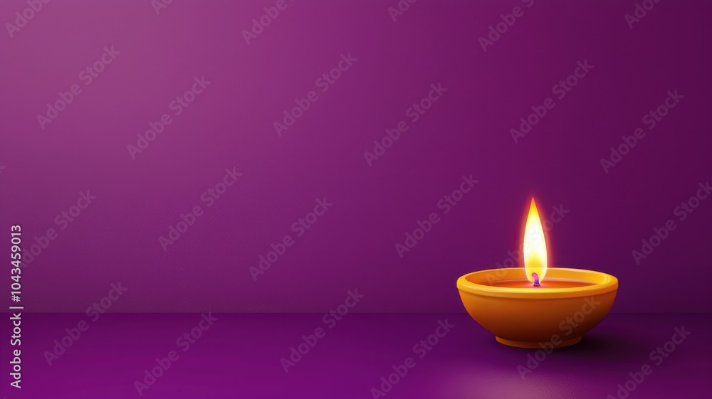 A glowing clay diya lamp rests on a vibrant purple background, emitting a warm flame that adds a serene ambiance. A glowing clay diya lamp rests on a vibrant purple background, emitting a warm flame that adds a serene ambiance.