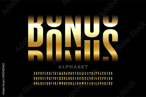 Bonus. Casino slot machine gold style font design, alphabet letters and numbers vector illustration