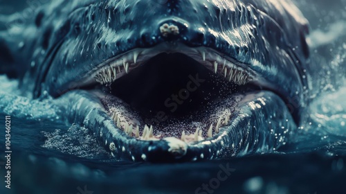 Close-up of a humpback whale s mouth as it feeds on krill, dynamic and detailed, marine biology at work photo