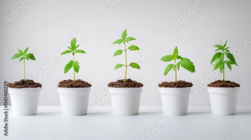 Five small green plants in white pots, arranged in a row, showing different stages of growth.