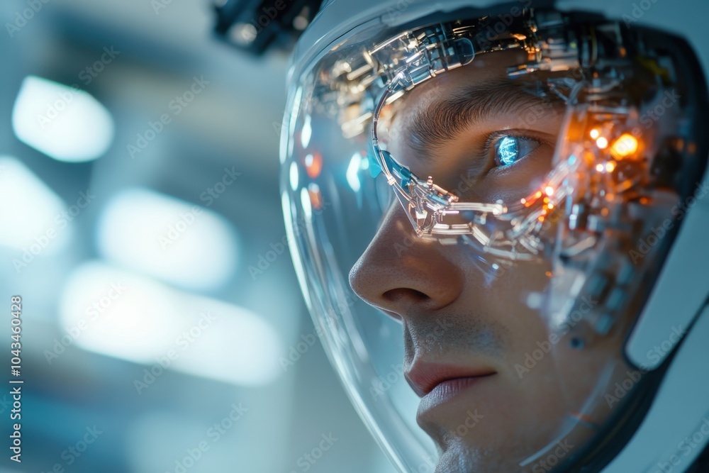 A detailed view of a cyborg's face, featuring advanced technology and circuitry, showcasing the integration of human and machine elements in a futuristic style. A detailed view of a cyborg's face, featuring advanced technology and circuitry, showcasing the integration of human and machine elements in a futuristic style.