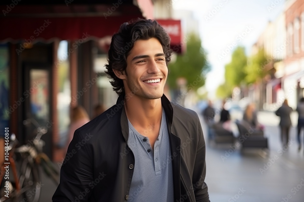 Portrait of a handsome young man smiling at the camera while walking in the street Portrait of a handsome young man smiling at the camera while walking in the street