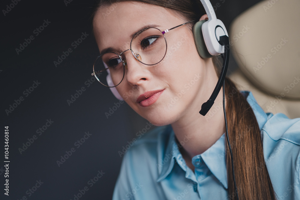 Photo of cheerful positive lady recruiter dressed shirt earphones communicating mic indoors workplace workstation loft Photo of cheerful positive lady recruiter dressed shirt earphones communicating mic indoors workplace workstation loft