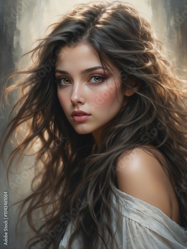 Ethereal portrait of woman with flowing hair and soft gaze