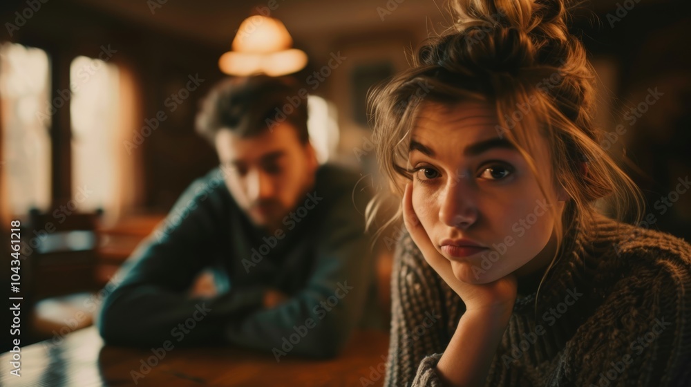 Young couple in a cozy setting sharing a moment of contemplation at a rustic café in the late afternoon glow Young couple in a cozy setting sharing a moment of contemplation at a rustic café in the late afternoon glow