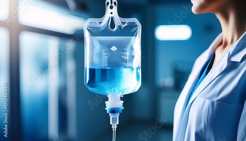 A clear IV bag filled with a light blue solution hospital in medical place