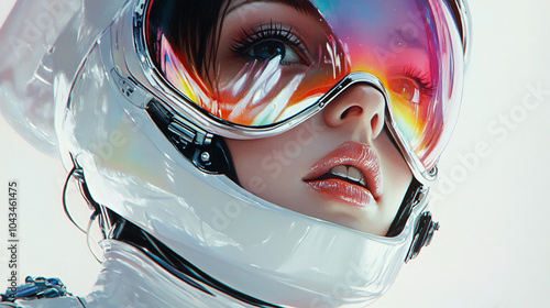 Digital Illustration of a Futuristic Female Astronaut with Reflective Rainbow Visor in a White Spacesuit, Sci-Fi Space Exploration Theme photo