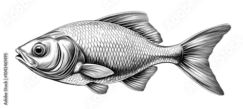 Fish engraving on white background, isolated, line art illustration for art work, collages, poster print, coloring, book   photo