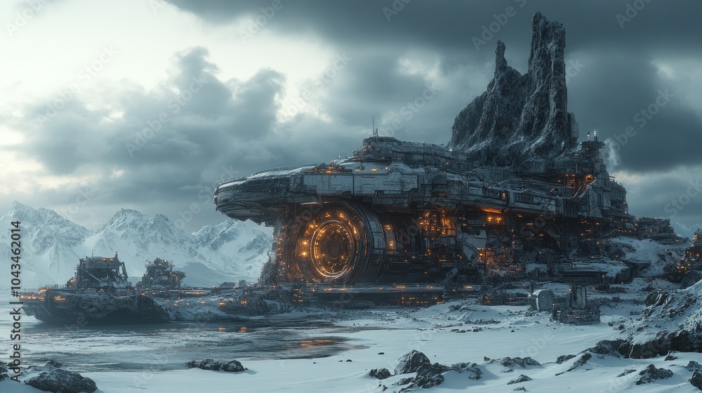 Obraz premium A futuristic, abandoned spaceship sits on a snowy shore, with other smaller ships nearby, under a cloudy sky and a mountainous backdrop.