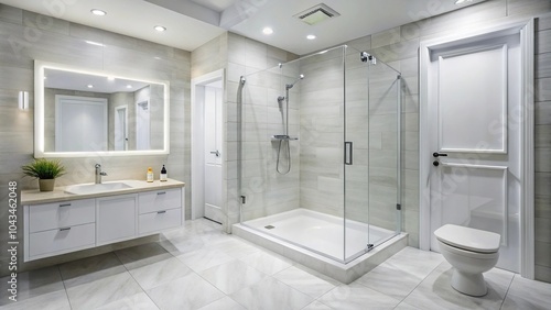 Wallpaper Mural room with tile floor and shower cabin reflected in mirror Torontodigital.ca