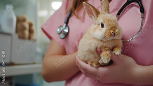 Veterinarian Holding Rabbit in Arms During Medical Checkup in Professional Veterinary Clinic, Animal Care and Pet Health Theme photo